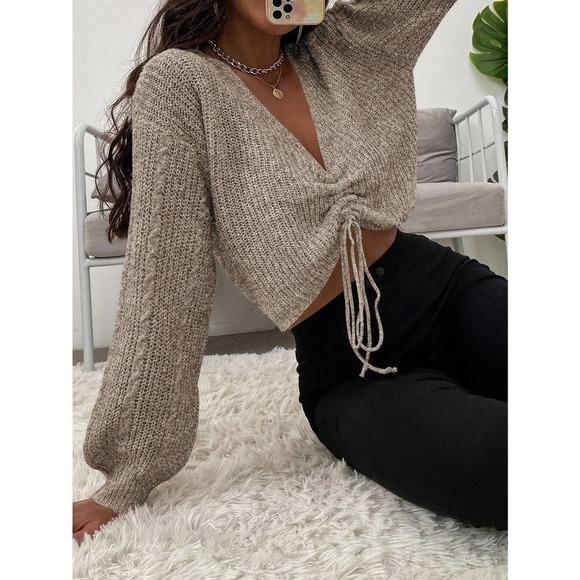 WILA Sweaters - Minimalist 00's trendy Lantern Sleeve Drawstring Ruched Front Sweater tan